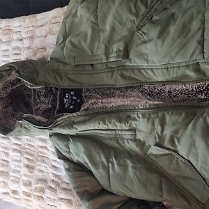 Hollister Olive Puffer Jacket with Faux Fur Trim